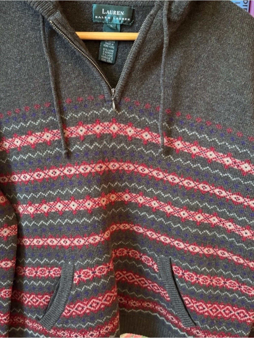 Vintage Ralph Lauren Hooded Half-Zip Sweater with Pink & Purple Fair Isle